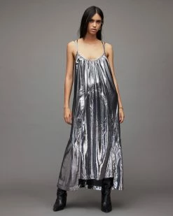New ⭐ Areena Metallic Maxi 👗 Dress Silver 🔥 -Cheap Women's Dresses Store WD258X 34 3