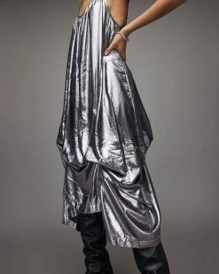 New ⭐ Areena Metallic Maxi 👗 Dress Silver 🔥 -Cheap Women's Dresses Store WD258X 34 4
