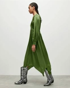 Coupon 🤩 Estelle Silk Blend Asymmetric Midi 👗 Dress Cactus Green 🧨