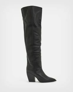 Discount 😉 Reina Over Knee Leather 🥾 Boots Black 🎁
