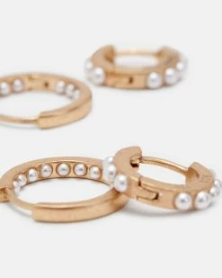 Hot Sale 😀 Pearl Beaded Hoop Earring Set Warm Brass 🔔