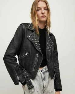 Outlet 💯 Balfern Leather Studded Biker Jacket Black 🎁 -Cheap Women's Dresses Store WL065X 5 4