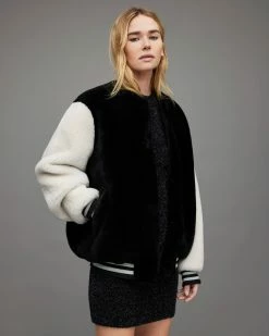 Discount 🧨 Dinah Shearling ⚾ Baseball Jacket Black/White 😀 -Cheap Women's Dresses Store WL086X 250 3