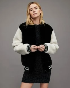 Discount 🧨 Dinah Shearling ⚾ Baseball Jacket Black/White 😀 -Cheap Women's Dresses Store WL086X 250 5