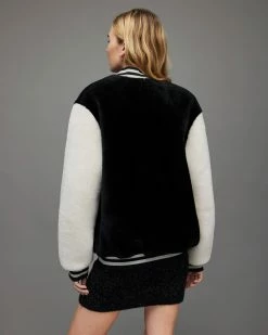 Discount 🧨 Dinah Shearling ⚾ Baseball Jacket Black/White 😀 -Cheap Women's Dresses Store WL086X 250 6