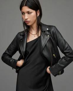 Best Sale ❤️ Dalby Gold Leather Biker Jacket BLACK/GOLD 🔔