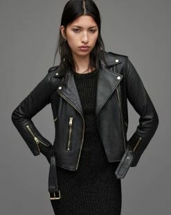 Deals 👍 Balfern Gold Leather Biker Jacket BLACK/GOLD ✨