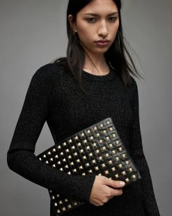 Hot Sale 👍 Bettina Studded Leather Clutch Bag BLACK/GOLD ⌛