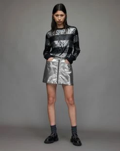 Cheapest 🧨 Cleo Metallic Denim Mini 👗 Skirt Metallic Silver 😍